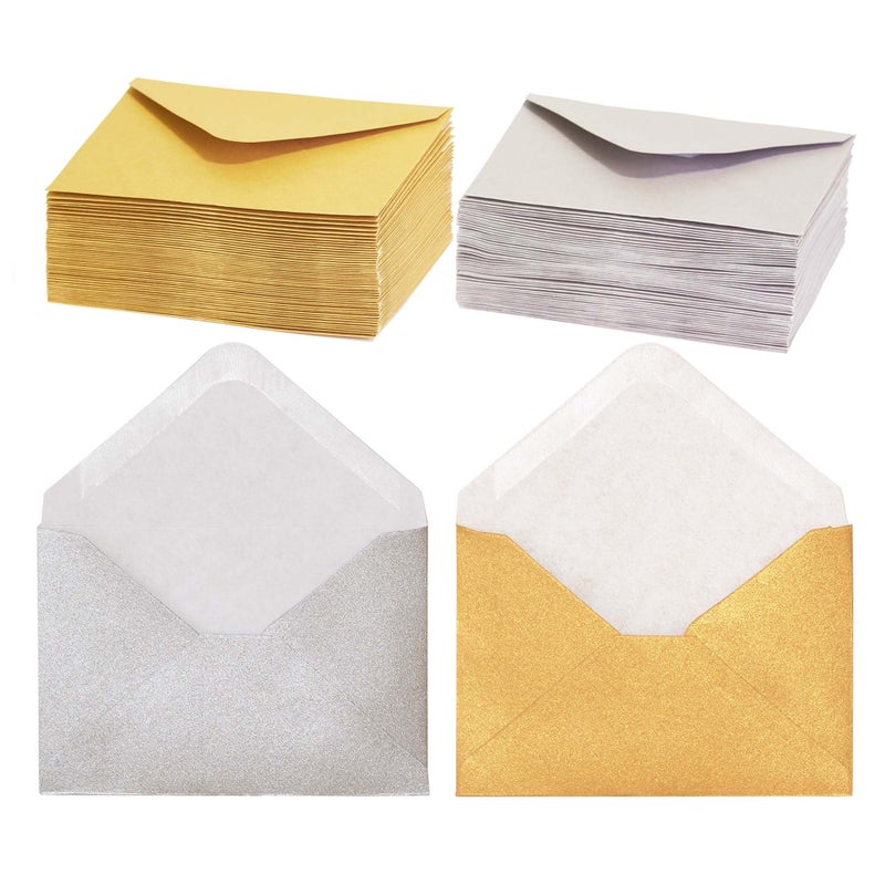 MATICAN Gift Card Envelopes - 100-Count Mini Envelopes, Paper Business Card Envelopes, Bulk Tiny Envelope Pockets for Small Note Cards, Gold and Silver, 50 Each, 4 x 2.7 Inches - Image 1